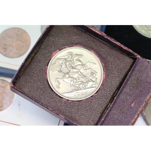 128 - A collection of coins to include a 1966 Queen Elizabeth II cased specimen set, 1968 first & second i... 