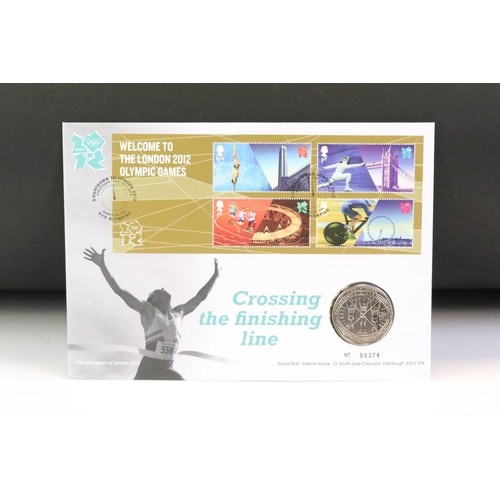 151 - A collection of approx eighteen £5 coin / stamp covers to include 2012 London Olympic games, 70th An... 