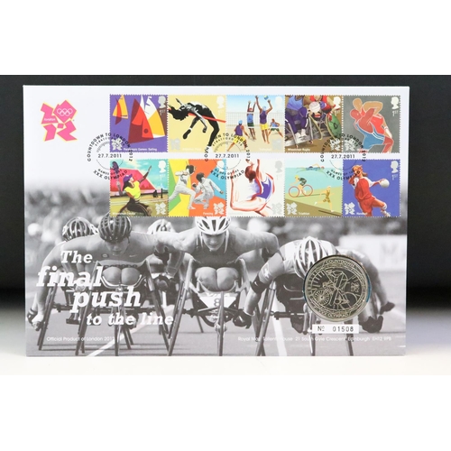 151 - A collection of approx eighteen £5 coin / stamp covers to include 2012 London Olympic games, 70th An... 