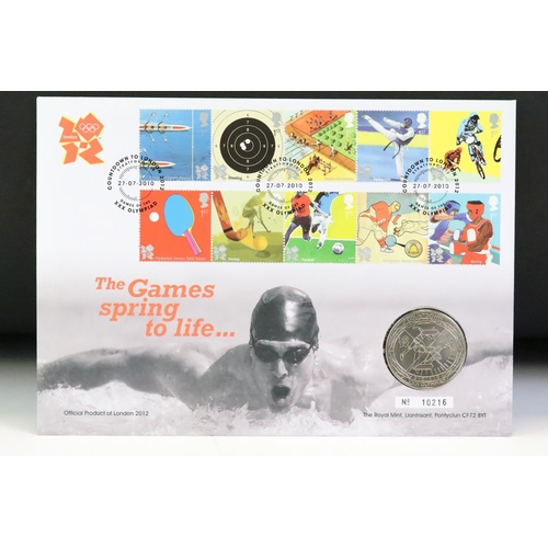 151 - A collection of approx eighteen £5 coin / stamp covers to include 2012 London Olympic games, 70th An... 