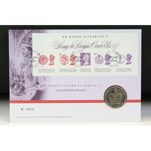 151 - A collection of approx eighteen £5 coin / stamp covers to include 2012 London Olympic games, 70th An... 