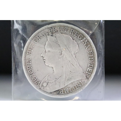 66 - Two British Queen Victoria (Veiled Head) silver full crown coins to include 1893 and 1899 examples.