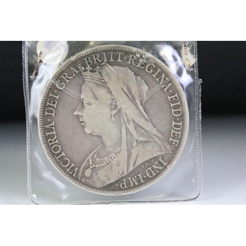 66 - Two British Queen Victoria (Veiled Head) silver full crown coins to include 1893 and 1899 examples.