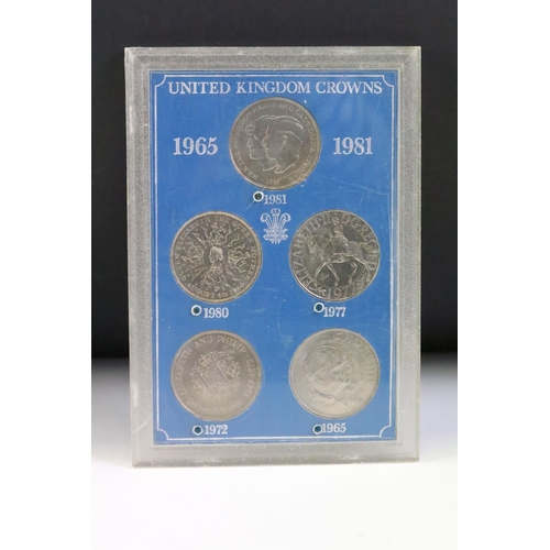 76 - A collection of seven mounted coin sets to include 1967 Coinage of G.B., 1965 EIIR set, Farewell to ... 