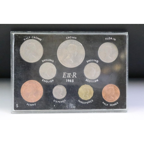 76 - A collection of seven mounted coin sets to include 1967 Coinage of G.B., 1965 EIIR set, Farewell to ... 