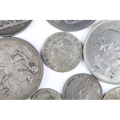 242 - A small collection of pre decimal silver coins to include three Queen Victoria full crown coins toge... 