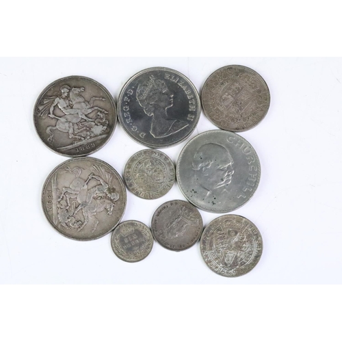 242 - A small collection of pre decimal silver coins to include three Queen Victoria full crown coins toge... 