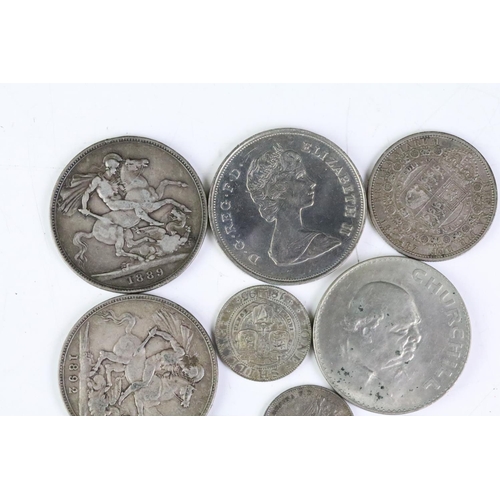 242 - A small collection of pre decimal silver coins to include three Queen Victoria full crown coins toge... 