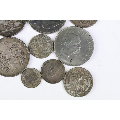 242 - A small collection of pre decimal silver coins to include three Queen Victoria full crown coins toge... 