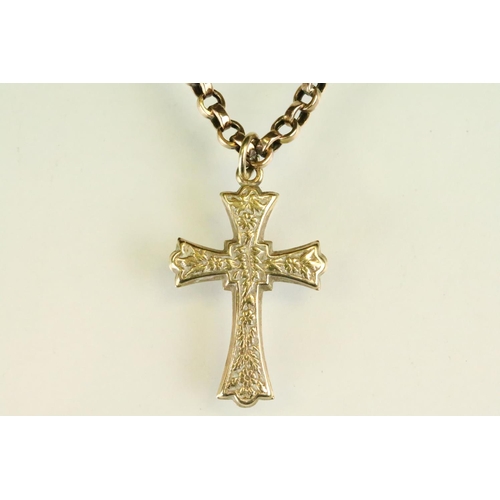 151 - 9ct gold belcher link necklace chain having a cross pendant with moulded floral detailing. Unmarked,... 