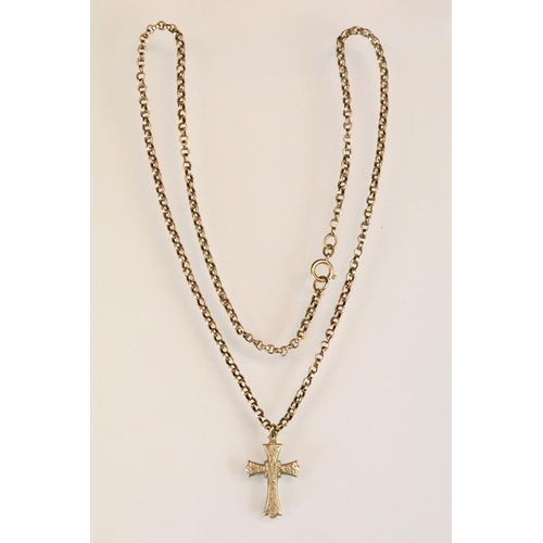 151 - 9ct gold belcher link necklace chain having a cross pendant with moulded floral detailing. Unmarked,... 