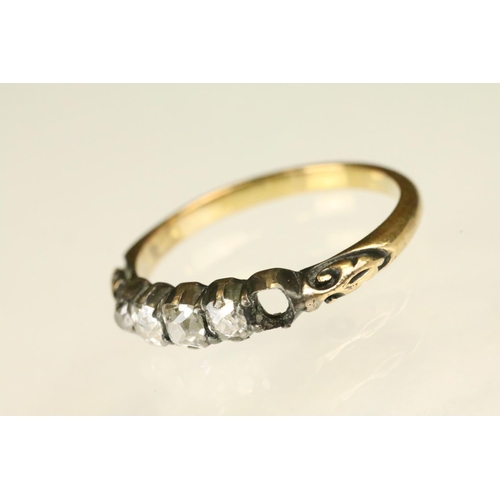 152 - Three gold rings to include a an18ct gold five stone diamond ring (one diamond missing, size M, mark... 