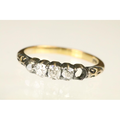 152 - Three gold rings to include a an18ct gold five stone diamond ring (one diamond missing, size M, mark... 