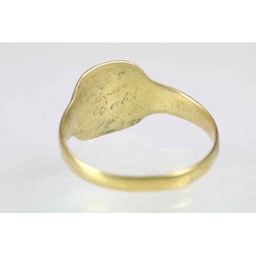 154 - Yellow gold hallmarked signet ring (hallmark partially rubbed, likely 18ct gold, date mark 1929, siz... 