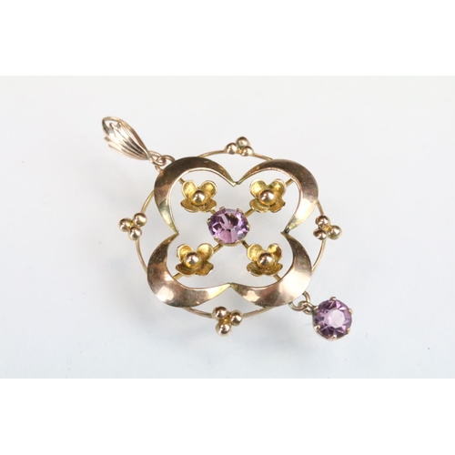 155 - Edwardian 9ct gold art nouveau open work pendant set with a purple paste stone, a pair of hallmarked... 