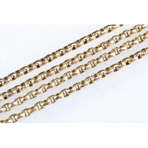 15 - 19th Century Victorian 15ct gold long guard muff chain having oval faceted links with a dog lead cla... 