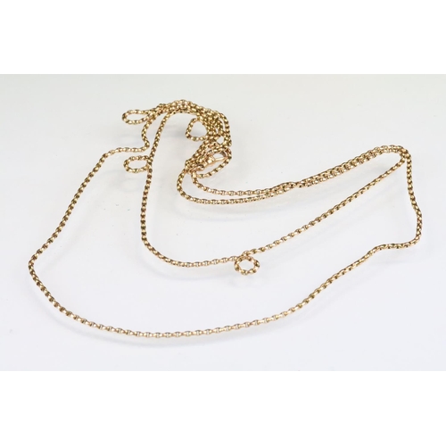 15 - 19th Century Victorian 15ct gold long guard muff chain having oval faceted links with a dog lead cla... 