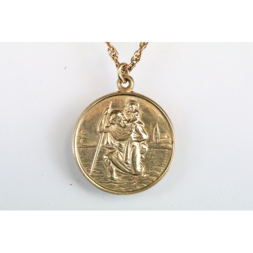 164 - Hallmarked 9ct gold St Christopher pendant of round form mounted to a gold rope twist chain (a/f, ca... 