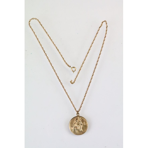 164 - Hallmarked 9ct gold St Christopher pendant of round form mounted to a gold rope twist chain (a/f, ca... 