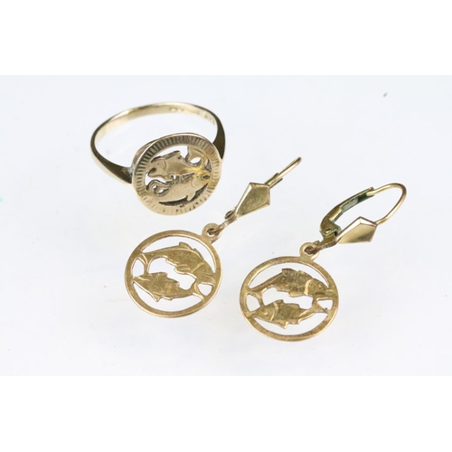 167 - 9ct gold hallmarked fish ring together with a pair of matching drop earrings. Hallmarked Birmingham ... 