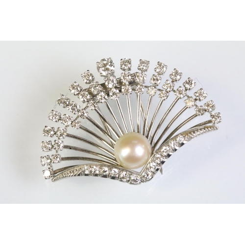 17 - 15ct white gold, diamond and pearl spray brooch pin. The brooch being set with a round pearl with a ... 