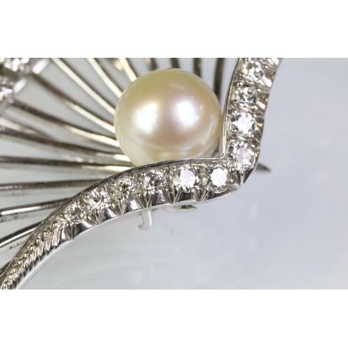 17 - 15ct white gold, diamond and pearl spray brooch pin. The brooch being set with a round pearl with a ... 