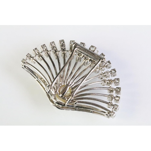 17 - 15ct white gold, diamond and pearl spray brooch pin. The brooch being set with a round pearl with a ... 