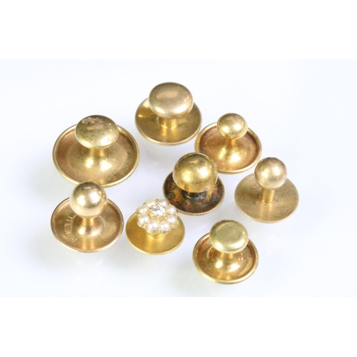 231 - Collection of 18ct gold dress studs including a diamond and seed pearl set example. All marked 18ct ... 