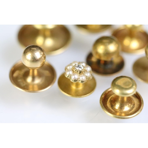 231 - Collection of 18ct gold dress studs including a diamond and seed pearl set example. All marked 18ct ... 