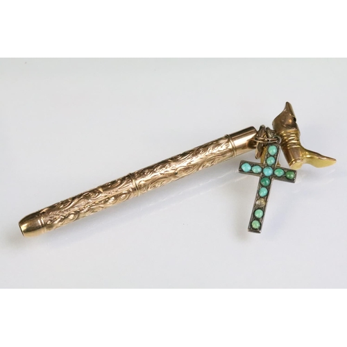 247 - 9ct gold hallmarked mechanical pencil having three charms attached to bale including an 800 silver a... 