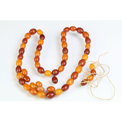 249 - Amber beaded necklace constructed from oval drilled amber beads. Measures 24 inches. Sample bead mea... 