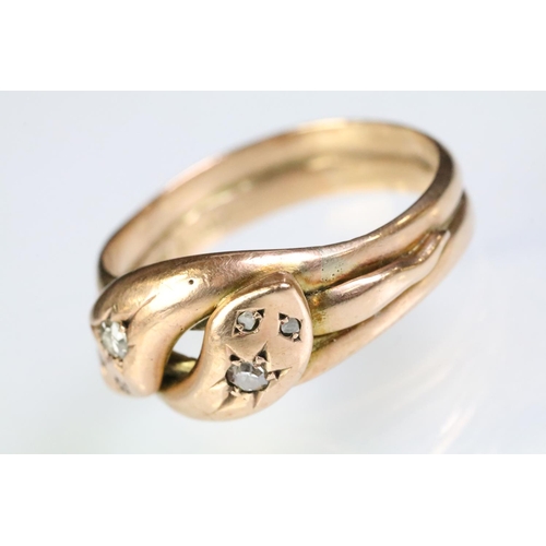 4 - 9ct gold and diamond antique snake ring in the form of two entwined snakes, each with a round single... 