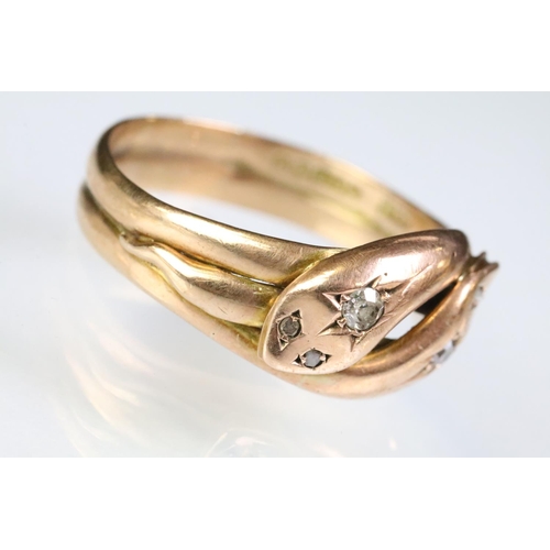 4 - 9ct gold and diamond antique snake ring in the form of two entwined snakes, each with a round single... 