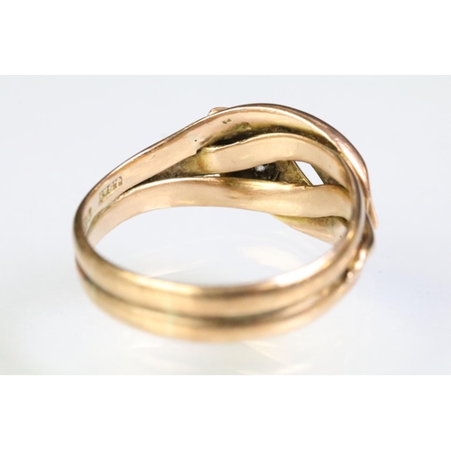 4 - 9ct gold and diamond antique snake ring in the form of two entwined snakes, each with a round single... 