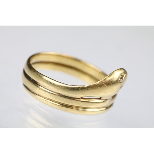 47 - 18ct gold and diamond snake serpent ring of coiled design with diamond set eyes. Marked 18ct to band... 