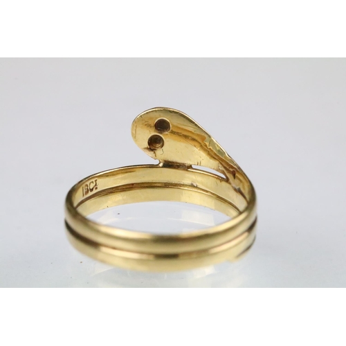 47 - 18ct gold and diamond snake serpent ring of coiled design with diamond set eyes. Marked 18ct to band... 