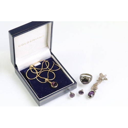 183 - Collection of blue john jewellery to include a hallmarked 9ct gold pendant necklace set with a round... 