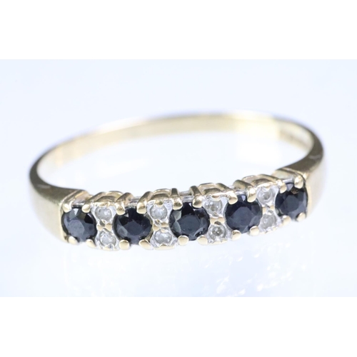 189 - Hallmarked 9ct gold diamond and sapphire ring being set with five round cut blue sapphires and diamo... 