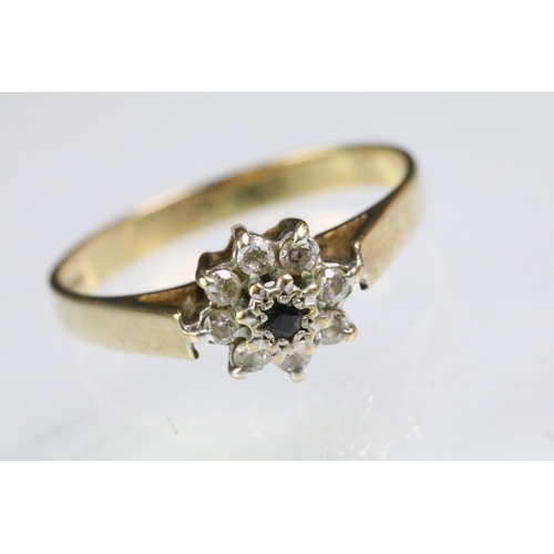 199 - 9ct gold hallmarked sapphire and white stone cluster ring (hallmarked Birmingham 1986, size Q), and ... 