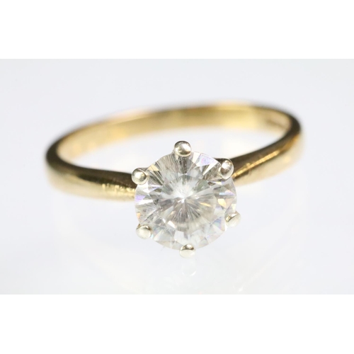 206 - 9ct gold hallmarked moissanite solitaire ring being set with a round brilliant cut moissanite in a s... 