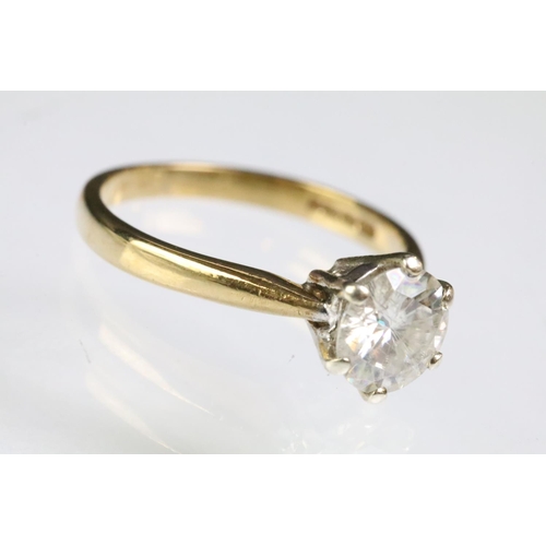 206 - 9ct gold hallmarked moissanite solitaire ring being set with a round brilliant cut moissanite in a s... 