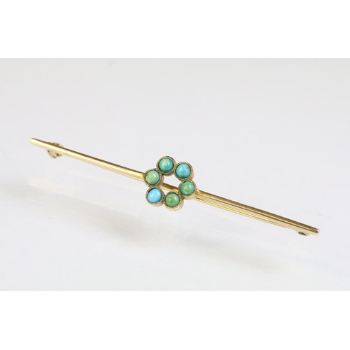 236 - Mid Century 9ct gold and turquoise bar brooch having set with six turquoise cabochons to the centre,... 