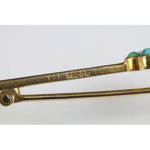 236 - Mid Century 9ct gold and turquoise bar brooch having set with six turquoise cabochons to the centre,... 