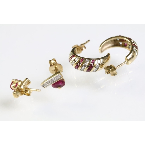 275 - Two pairs of 9ct gold earrings to include a pair of ruby and diamond stud earring set with an oval c... 