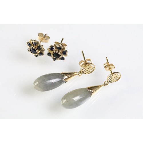 293 - Pair of 14ct gold and grey hardstone drop earrings having pierced medallion heads (marked 14k), toge... 