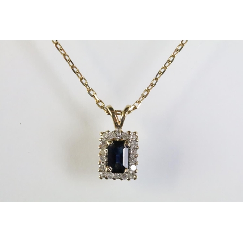 301 - 9ct gold, sapphire and diamond cluster pendant necklace. The pendant being set with a rectangular cu... 