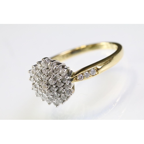 315 - 18ct gold and diamond cluster ring being set with a round cluster to the head and accent stones to t... 