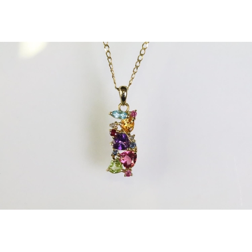 321 - 9ct gold multi gem set pendant set with coloured heart, marquise and round gemstones including diamo... 