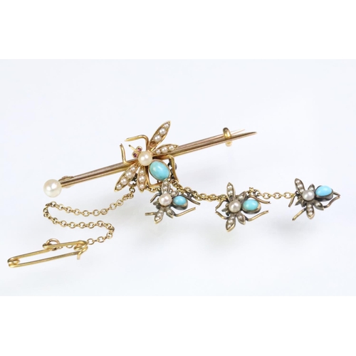 8 - 19th Century Victorian gold, turquoise and pearl bar bug brooch. The brooch having a knife bar with ... 