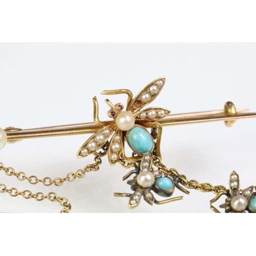 8 - 19th Century Victorian gold, turquoise and pearl bar bug brooch. The brooch having a knife bar with ... 